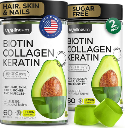 Biotin for Hair Growth Women/Men 12000mcg, Skin & Nails Support Gummies with Collagen Peptides, Keratin, Retinol, Sugar Free, 120 Gummies (2 Pack)