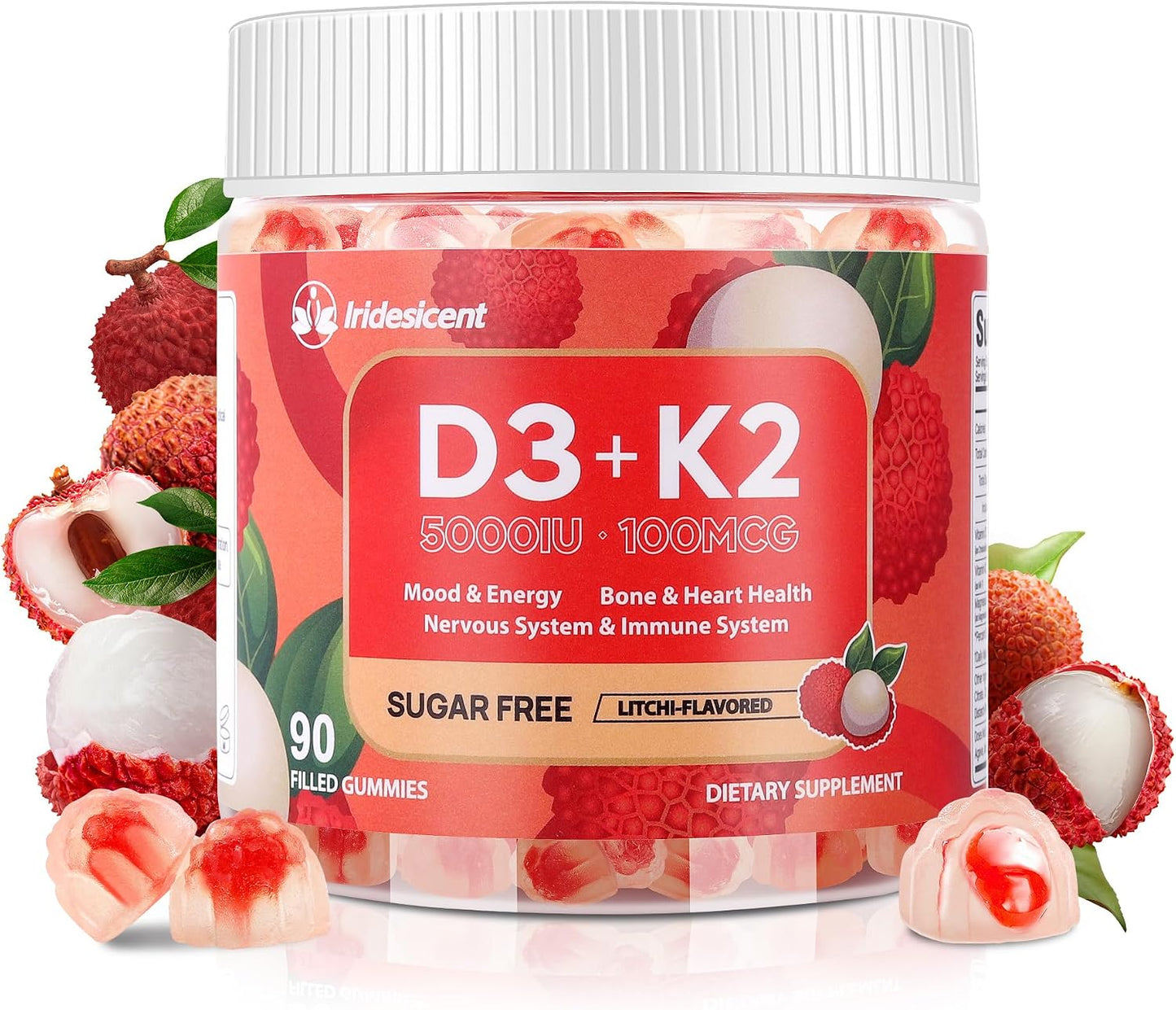 IRIDESICENT Vitamin D3 K2 Gummies - Sugar Free, Vegan, 5,000 IU D3 + 100 mcg K2 (MK-7) for Bone & Immune Support, Lychee Flavour (60 Count) - görsel 8
