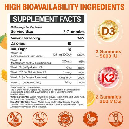 ZEGBALP Vitamin D3 & K2 Gummies - 5000 IU D3 + 200 mcg MK-7 - Sugar-free, Vegan, with B Complex, C & E