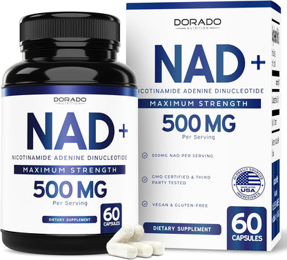 NAD+ Supplement (500mg) - Nicotinamide Adenine Dinucleotide for Women and Men - Third-Party Tested, Vegan, Non-GM - 60 Capsules