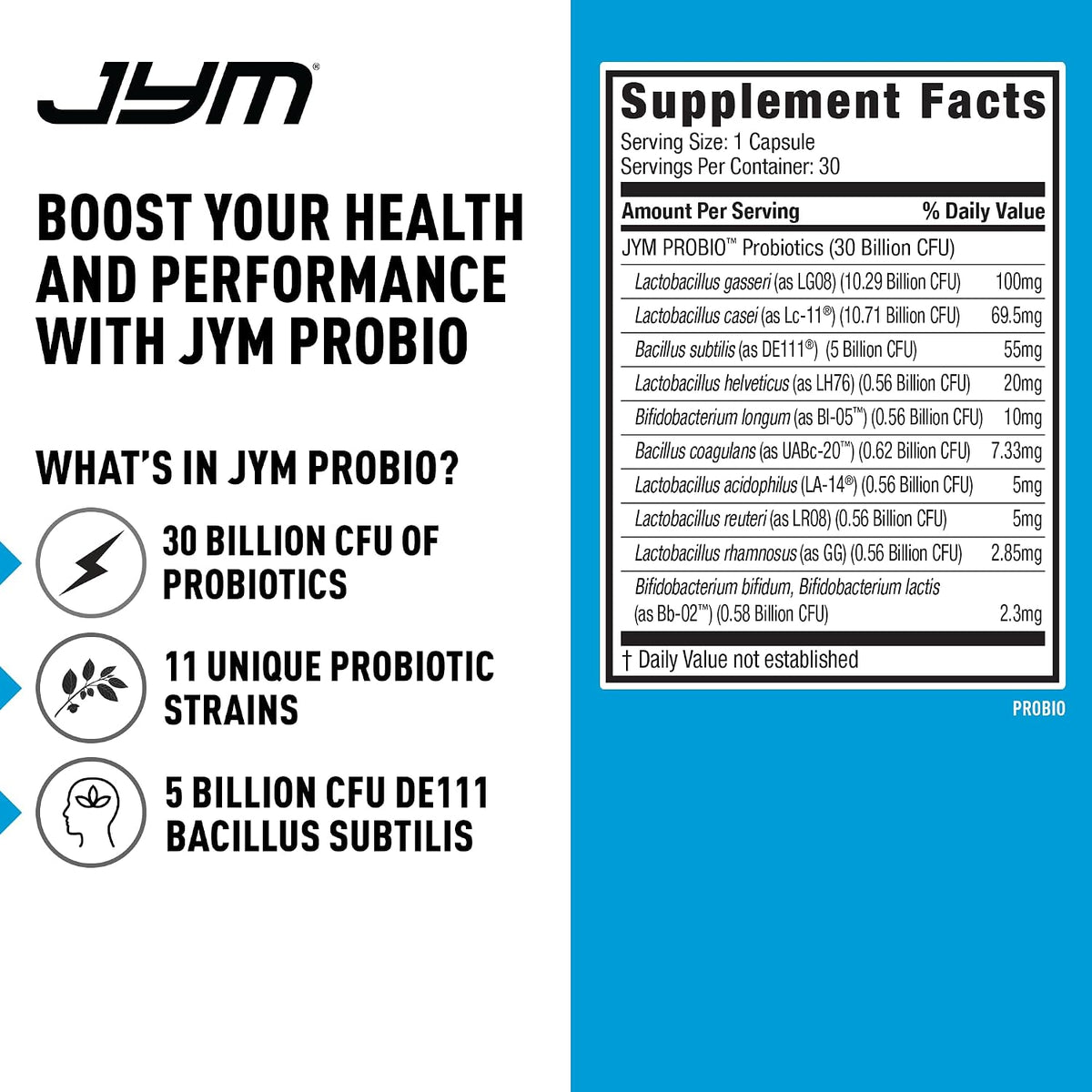 JYM ProBio Performance Probiotic - 30 Billion CFU, 11 Strains, Delayed-Release Vegetarian Capsules - görsel 2