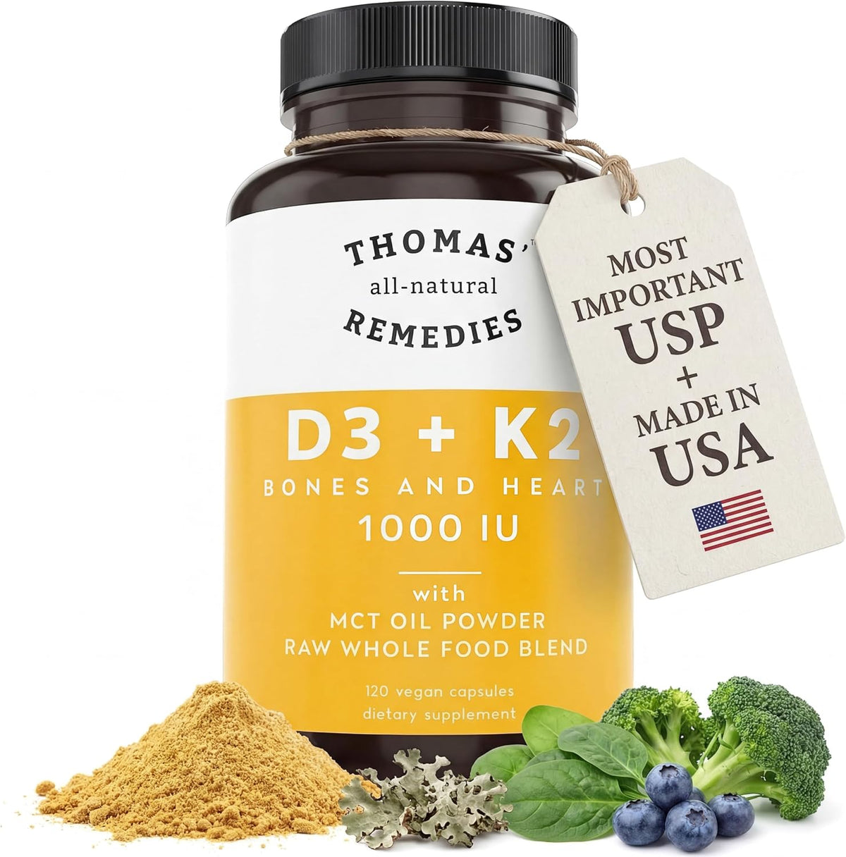 Thomas' All-Natural D3 + K2 with MCT Oil & Raw Whole Food Blend, 1000 IU, Vegan, 120 Soft gel capsules - görsel 2