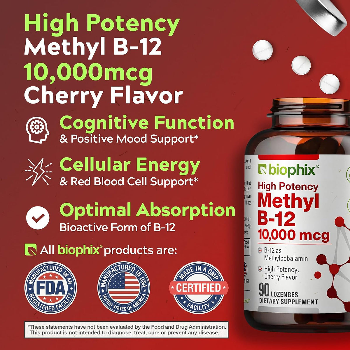 biophix Methyl B-12 10000 mcg 90 Vegan Lozenges Cherry Flavour Extra Strength - görsel 2