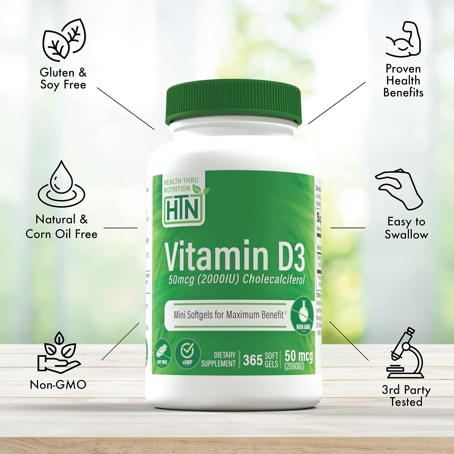 Health Thru Nutrition Vitamin D3 2000 IU 365 Mini Softgels - Year Supply, Non-GM, Pharmaceutical Grade in EVOO - görsel 3
