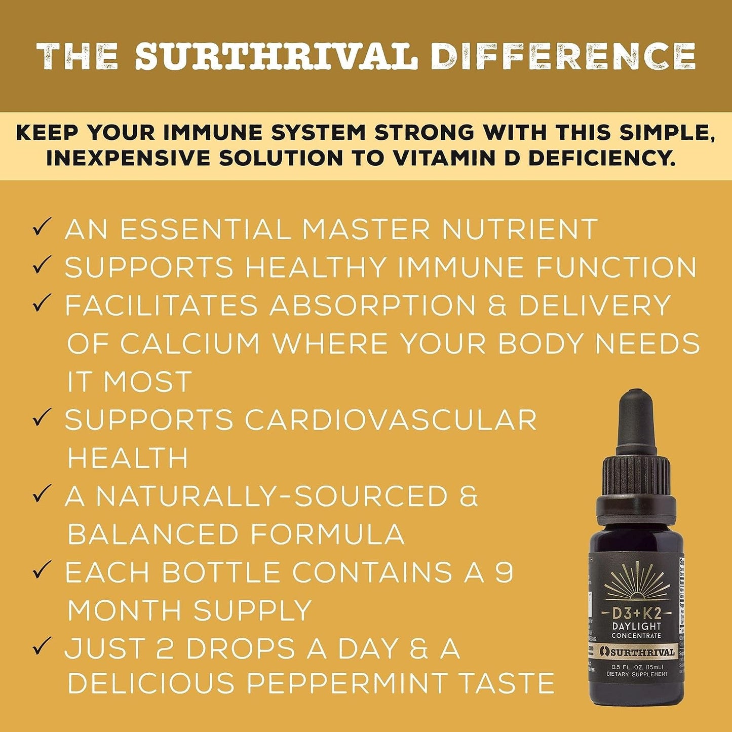 Surthrival Vitamin D3+K2 Daylight Concentrate, 0.5 fl oz (approx. 270 Servings) - görsel 4