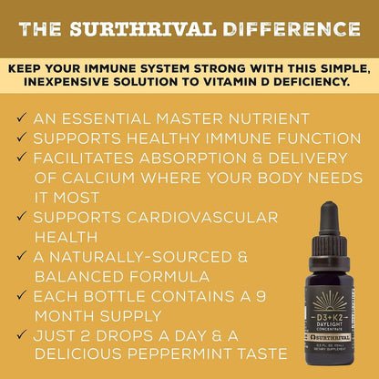Surthrival Vitamin D3+K2 Daylight Concentrate, 0.5 fl oz (approx. 270 Servings)