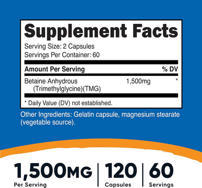 Nutricost Betaine Anhydrous Capsules - 1500mg per serving, 120 capsules (2 Pack)