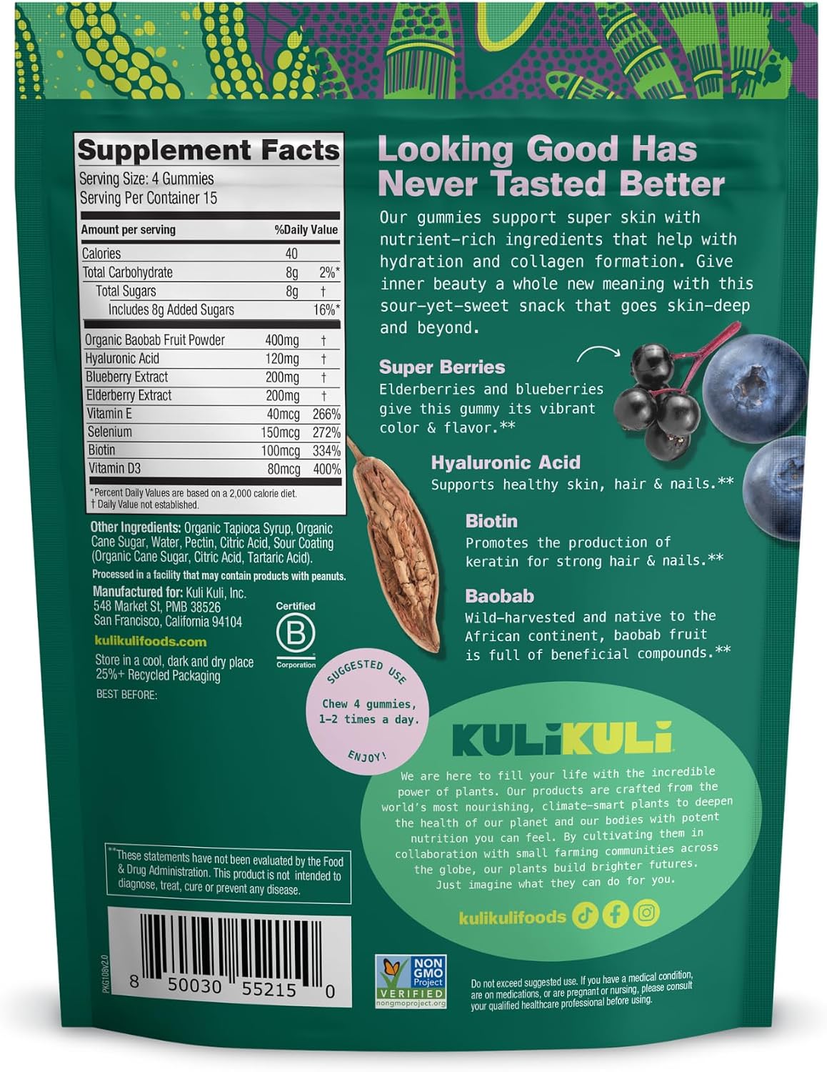 Kuli Kuli Super Gummies - Skin Supplements with Baobab, Elderberry and Biotin - 60 Non-GMO, Gluten-Free Gummies - görsel 2