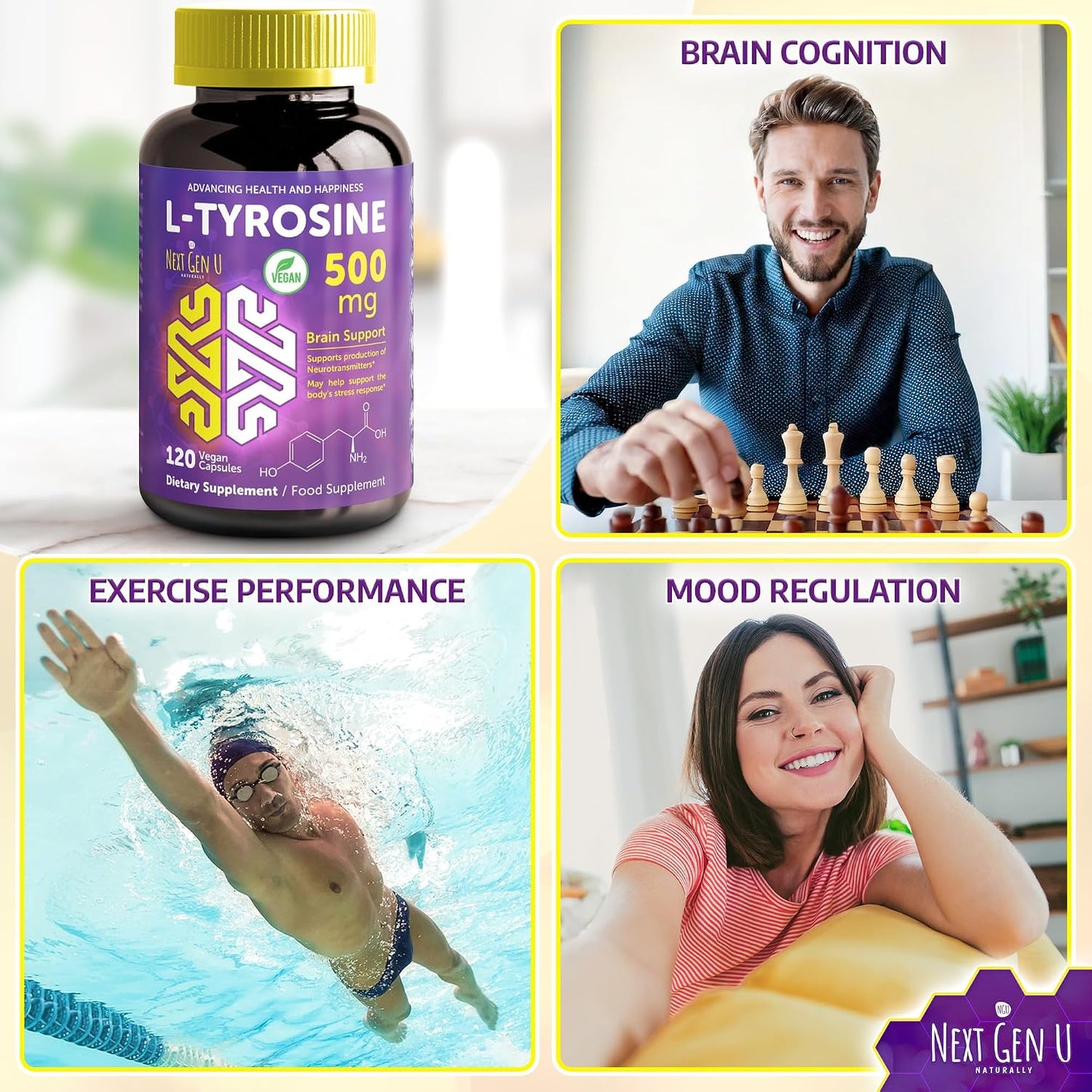 L-Tyrosine 500 mg, 120 Vegan Capsules - Mood and Brain Support by NextGenU - görsel 9