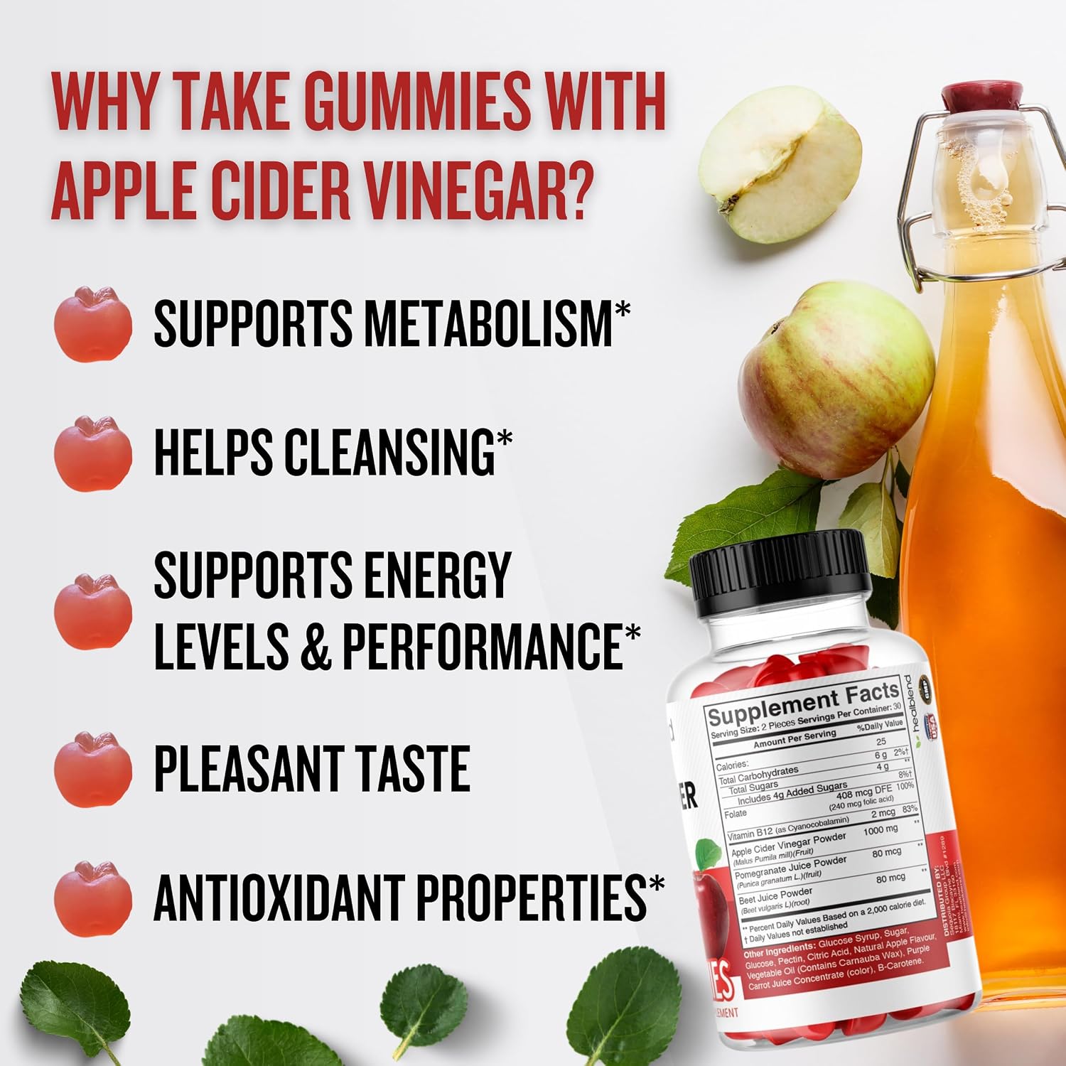 healblend Apple Cider Vinegar Gummies with Vitamin B12, Pomegranate & Beet - 1000mg per Serving - Vegan, non-GM, Gluten-Free (3-Pack, 180 Count) - görsel 2