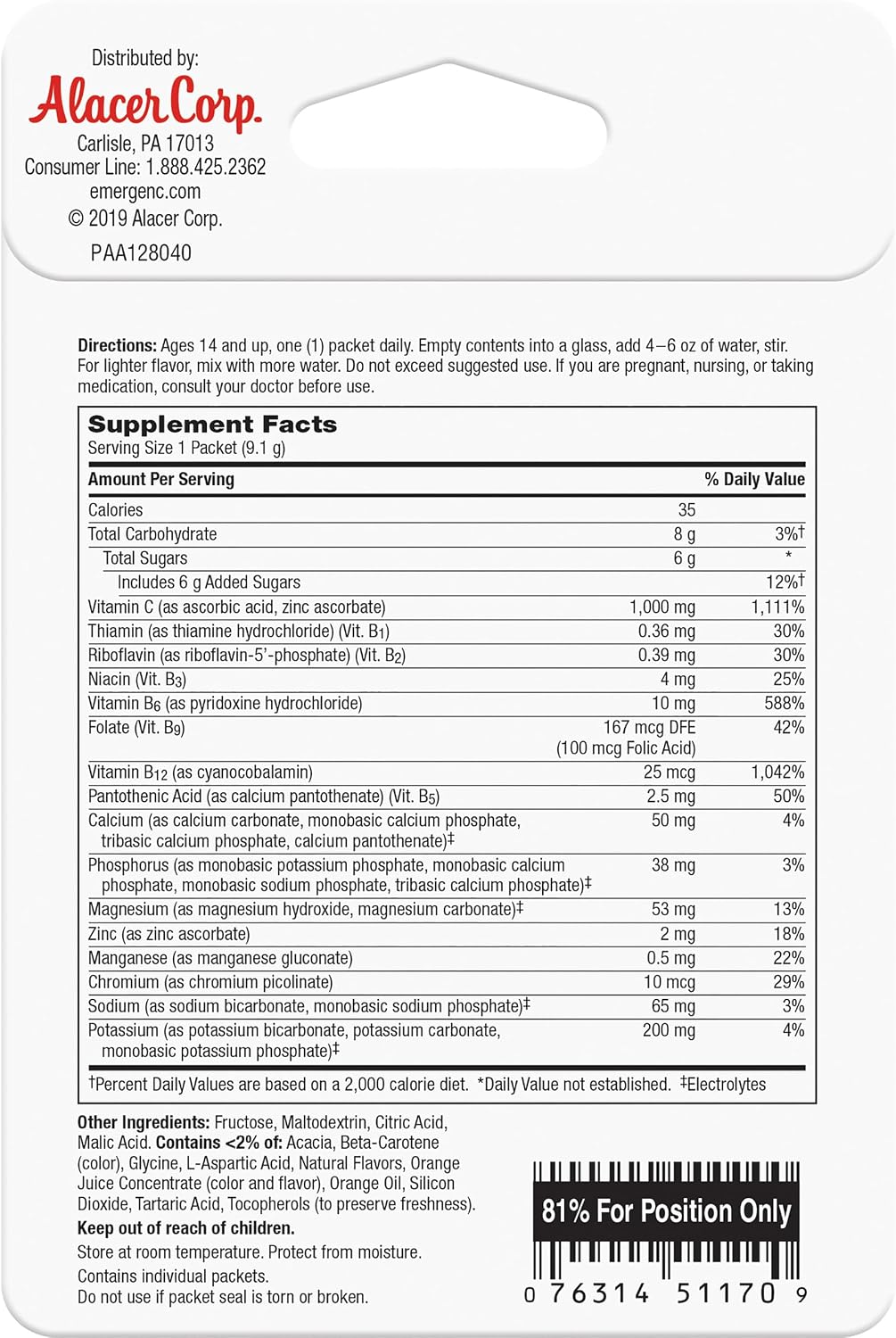 Emergen-C 1000mg Vitamin C Immune Support Powder, Super Orange, 2 Count - görsel 9