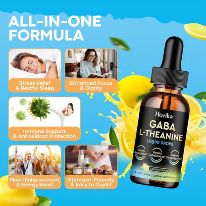 GABA L-Theanine Drops - Liquid Supplement with L-Theanine, Ashwagandha, Magnesium Glycinate, Vitamin C, B6 - Supports Sleep, Relaxation, Calm Mood & Focus - Lemon Flavour, 60 ml
