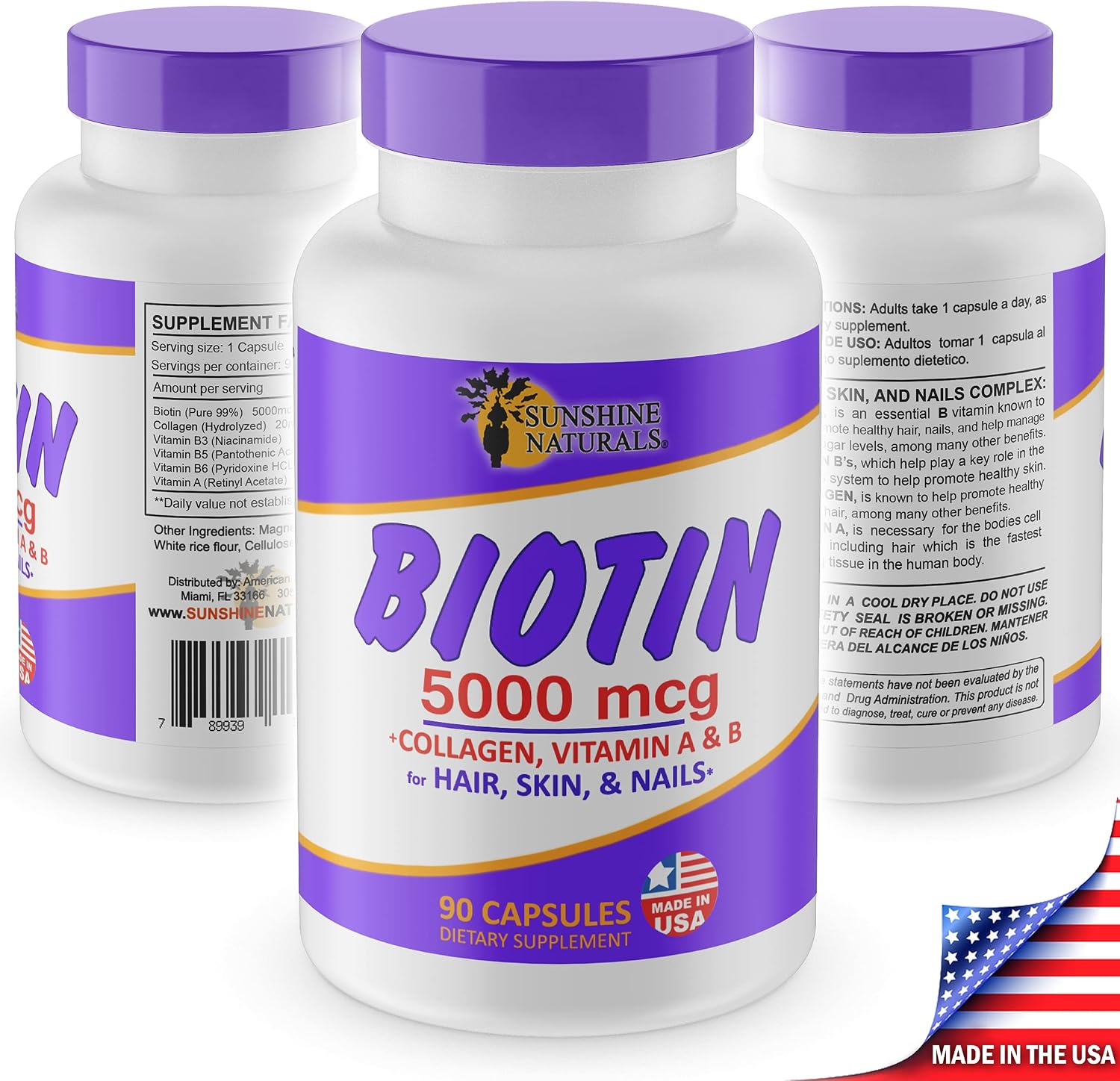 Sunshine Naturals Biotin 5000 mcg Food Supplement – with Collagen, Vitamin A & B – 90 Capsules - görsel 2