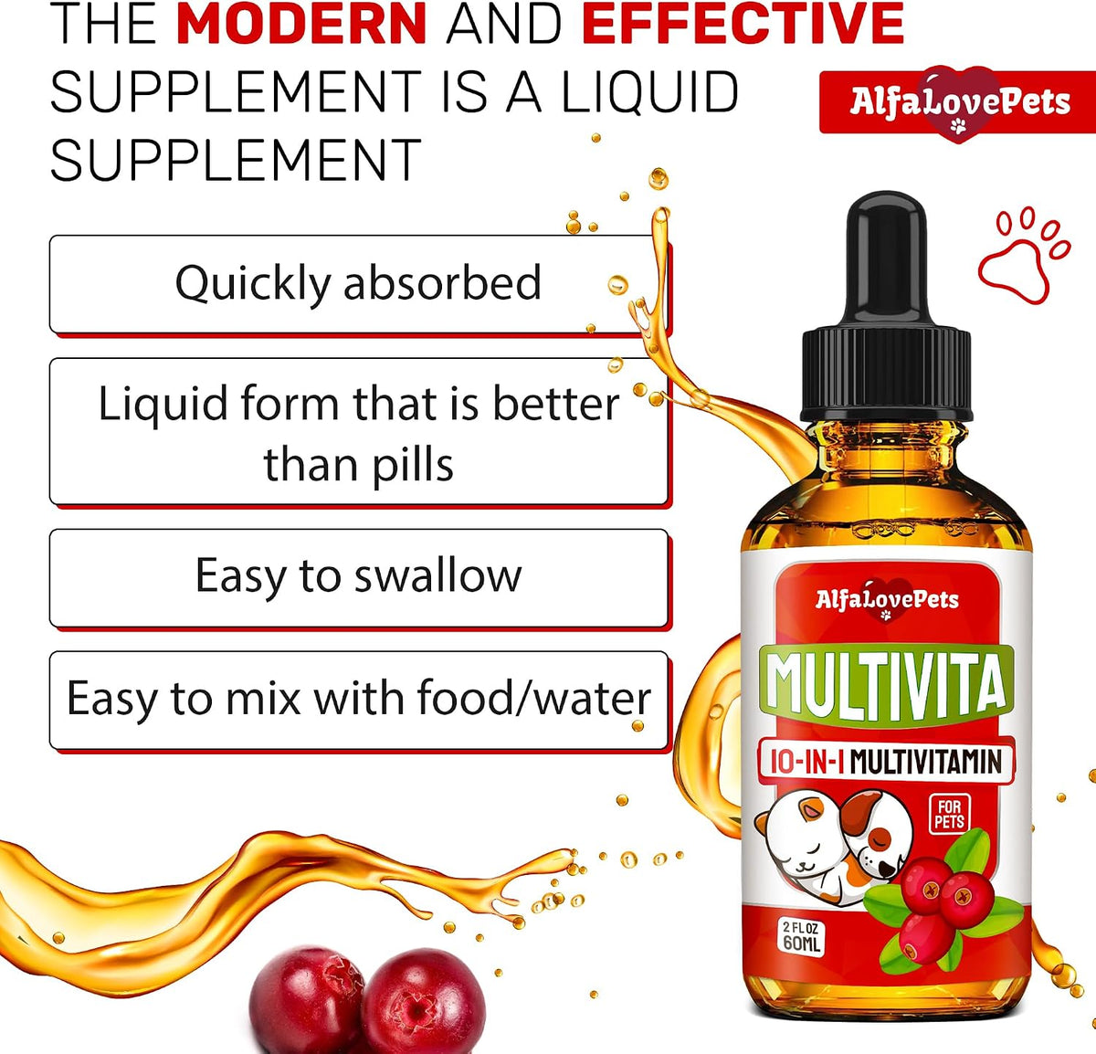 Liquid Multivitamin for Dogs – Cat Multivitamins for Indoor Cats – 10-in-1 Liquid Dog Vitamins B Complex, C, D3 – Digestion, Urinary, Hip & Joint, Skin & Coat – Cranberry Flavour – 60 ml - görsel 6