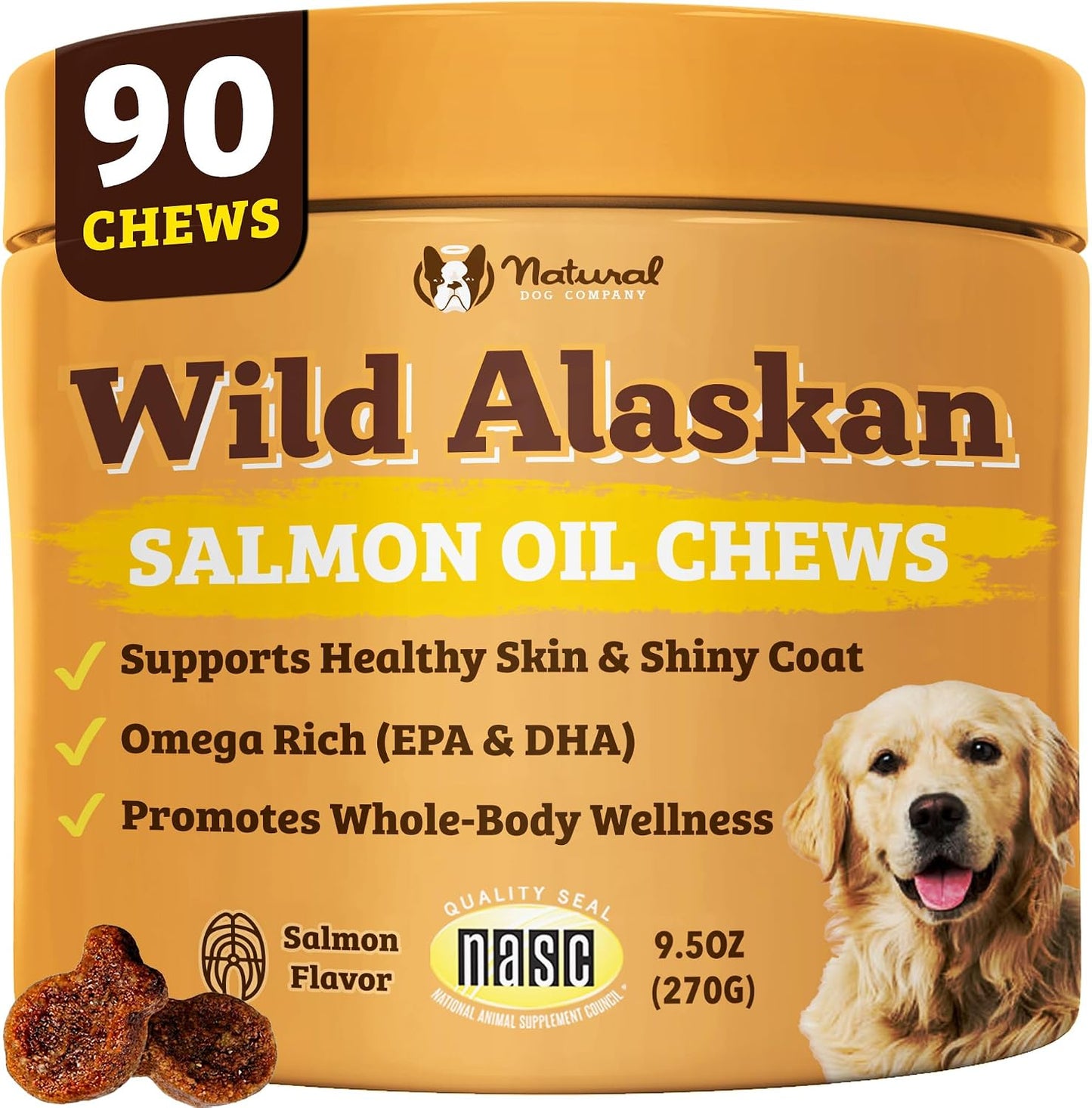 Natural Dog Company Wild Alaskan Salmon Chews – Omega-3 Fish Oil Supplement, 90 Chews - görsel 1