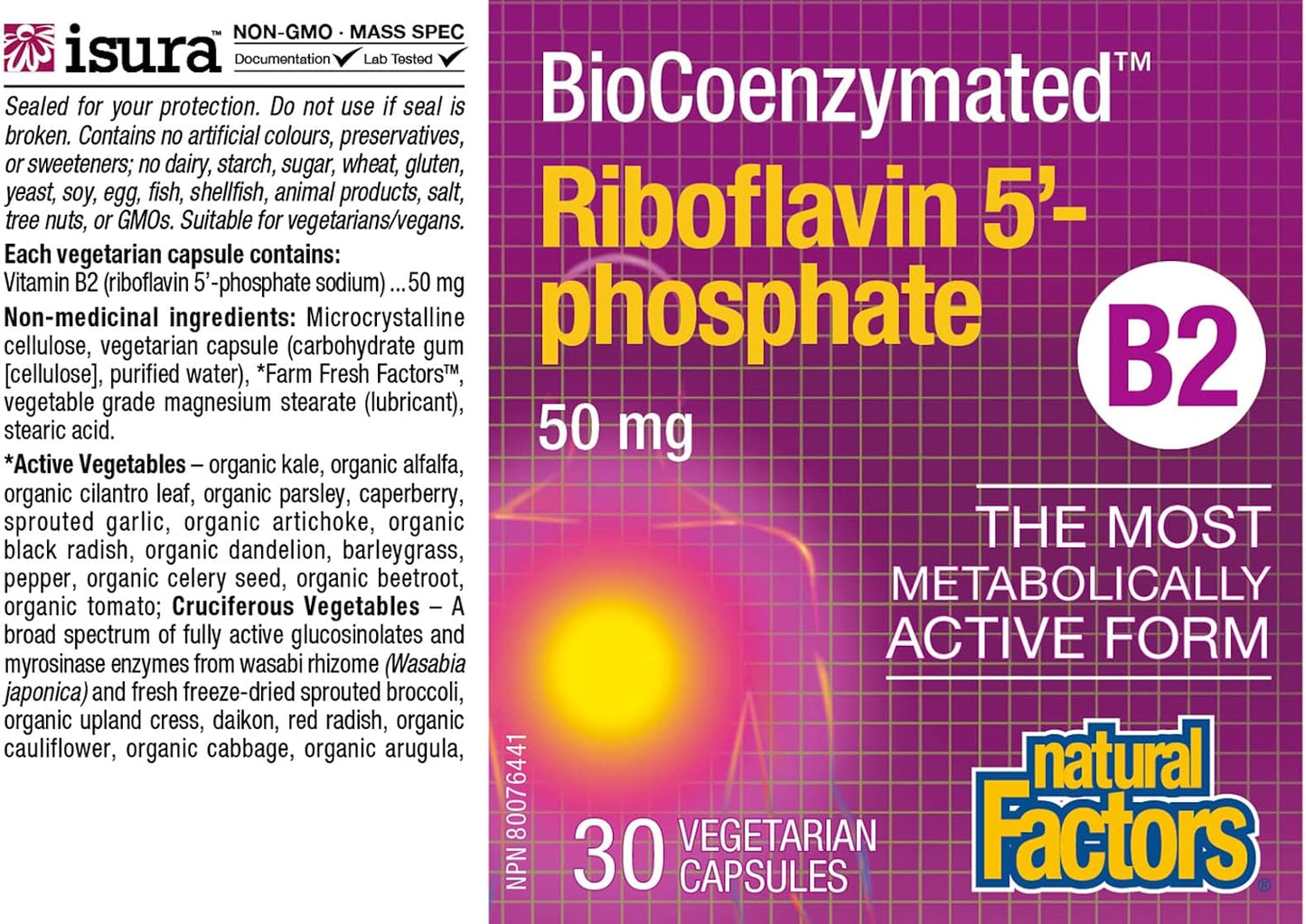 Natural Factors BioCoenzymated Riboflavin 5'-Phosphate, 50 mg, 30 Vegetarian Capsules - görsel 2