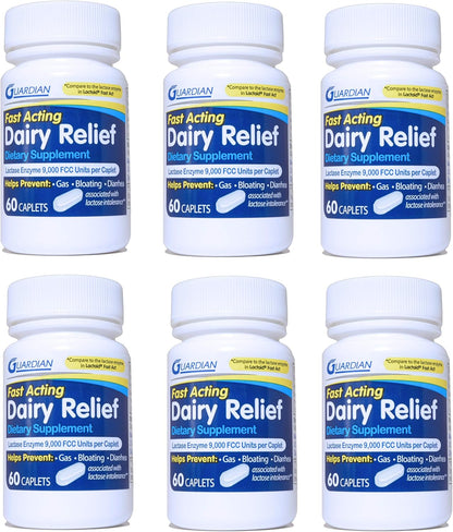 guardian Dairy Relief Fast Acting Caplets, 9000 FCC Lactase Enzyme – 360 Count (6 Pack)