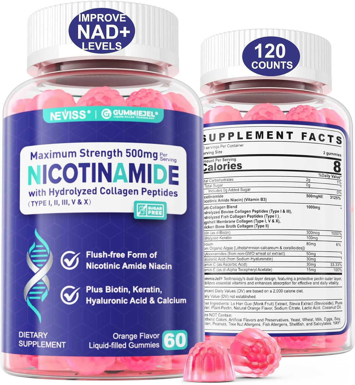NEVISS Nicotinamide 500mg Gummies with Collagen Peptides – Flush-Free Vitamin B3 for NAD+ Support & Cellular Health, Sugar-Free, 60 Count - görsel 10