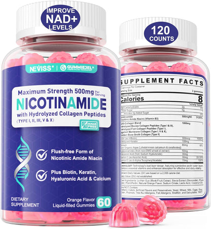 NEVISS Nicotinamide 500mg Gummies with Collagen Peptides – Flush-Free Vitamin B3 for NAD+ Support & Cellular Health, Sugar-Free, 60 Count