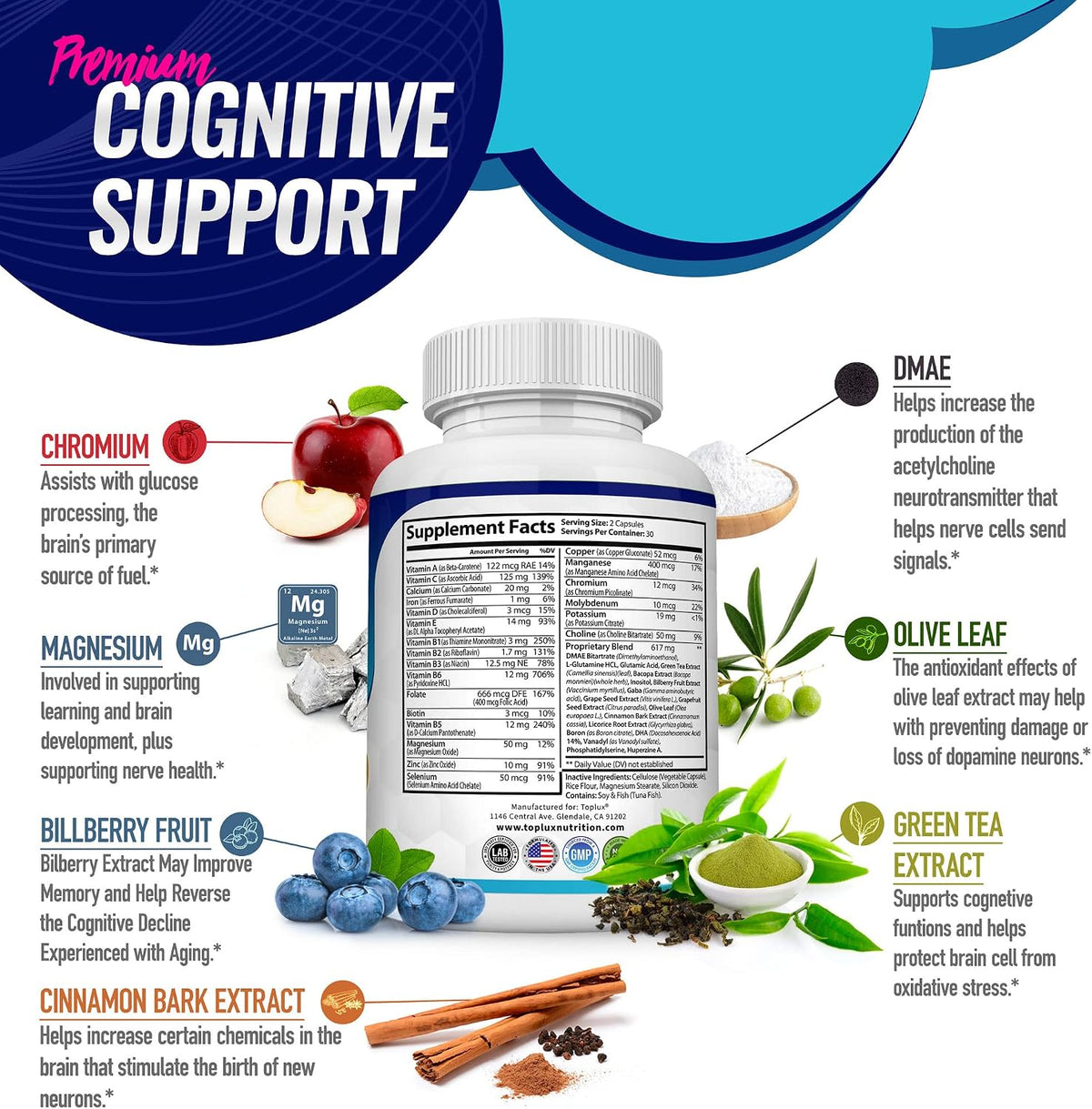 Toplux Brain Supplement Nootropic – DMAE, Bacopa Monnieri, L-Glutamine, 60 Capsules - görsel 4