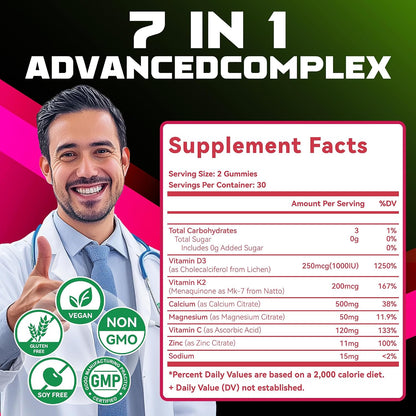 Natures Aid Sugar-Free Vitamin D3 K2 Gummies with Calcium, Magnesium, Vitamin C & Zinc, Extra Strength - 120 Gummies
