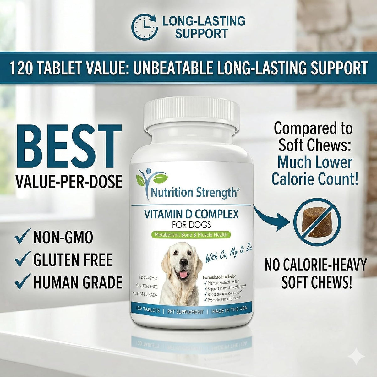 Nutrition Strength Vitamin D for Dogs with Calcium, Magnesium and Zinc - 120 Chewable Tablets - görsel 7
