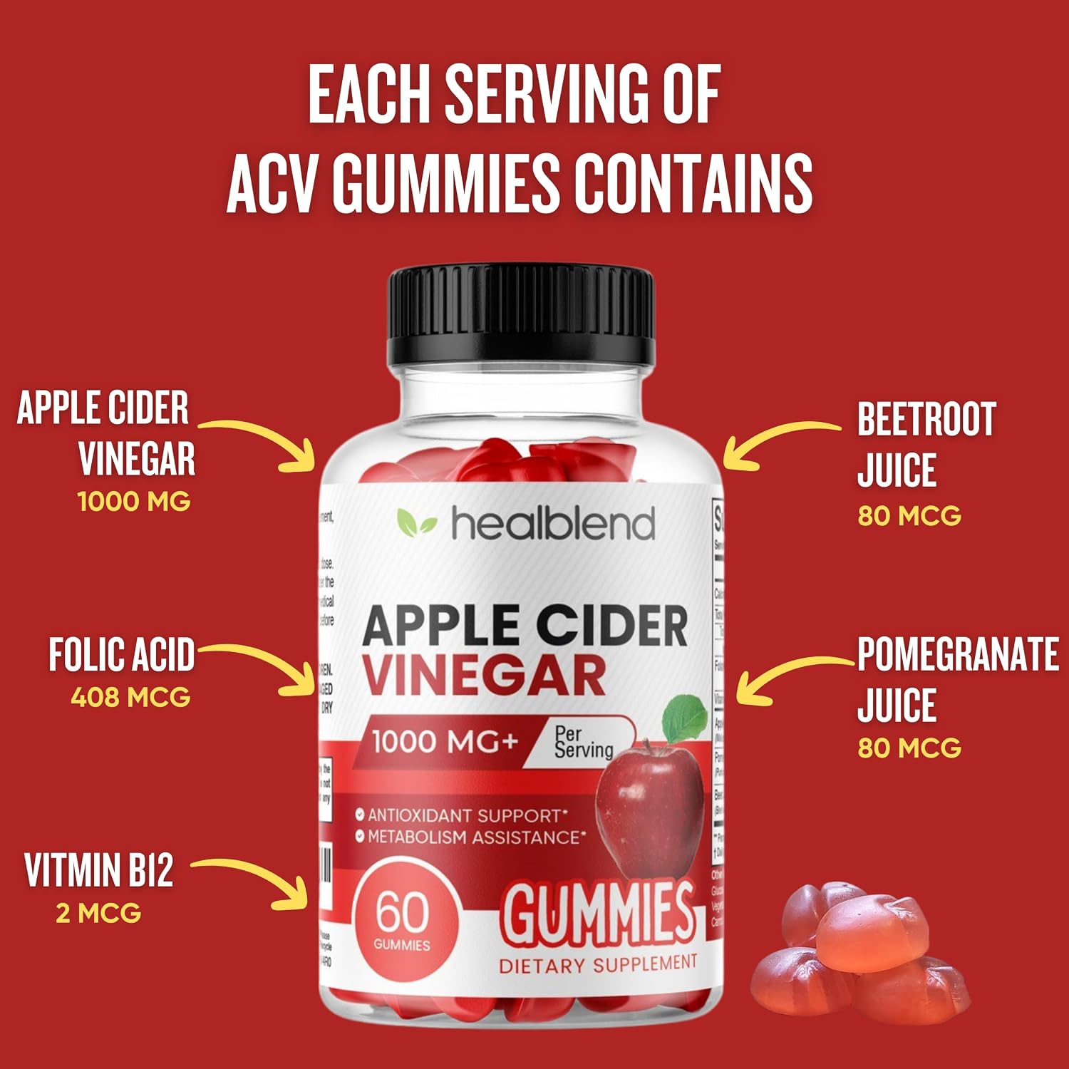 healblend Apple Cider Vinegar Gummies with Vitamin B12 - 120 Count (2 Pack) - görsel 3