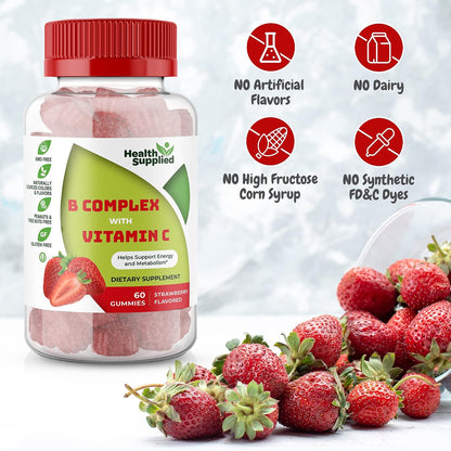 Strawberry Flavoured Vitamin B Complex Gummies – B Complex with Vitamin C – Helps Support Normal Nervous System Function and Energy Levels – Assists Normal Cognitive Function – Great Tasting and Easy to Swallow