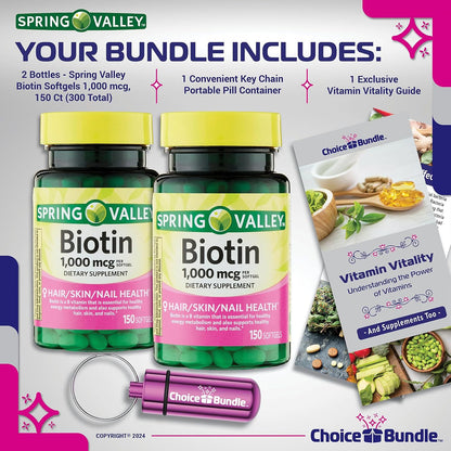 Spring Valley Biotin Soft gel capsules 1000mcg – 2 Pack (300 Soft gel capsules) + Bonus Vitamin Guide and Pill Container