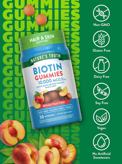 Nature's Truth Biotin Gummies | 10000mcg | 50 Count | Vegan, Non-GMO & Gluten-free | Peach Flavour