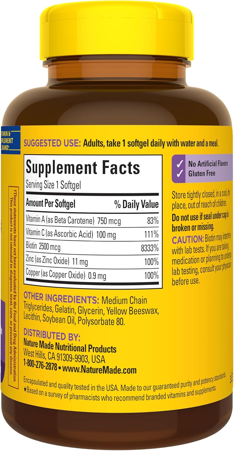Nature Made Hair, Skin & Nails with Biotin 2500 mcg Soft gel capsule Capsules, 120 Count - görsel 9
