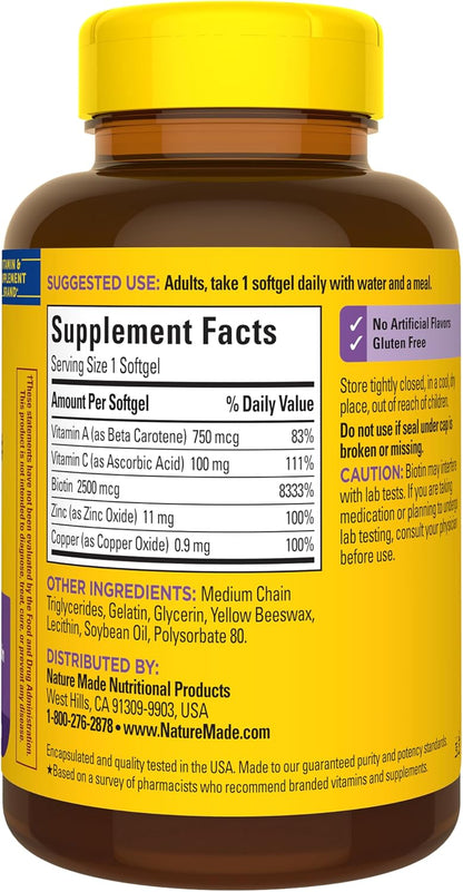 Nature Made Hair, Skin & Nails with Biotin 2500 mcg Soft gel capsule Capsules, 120 Count