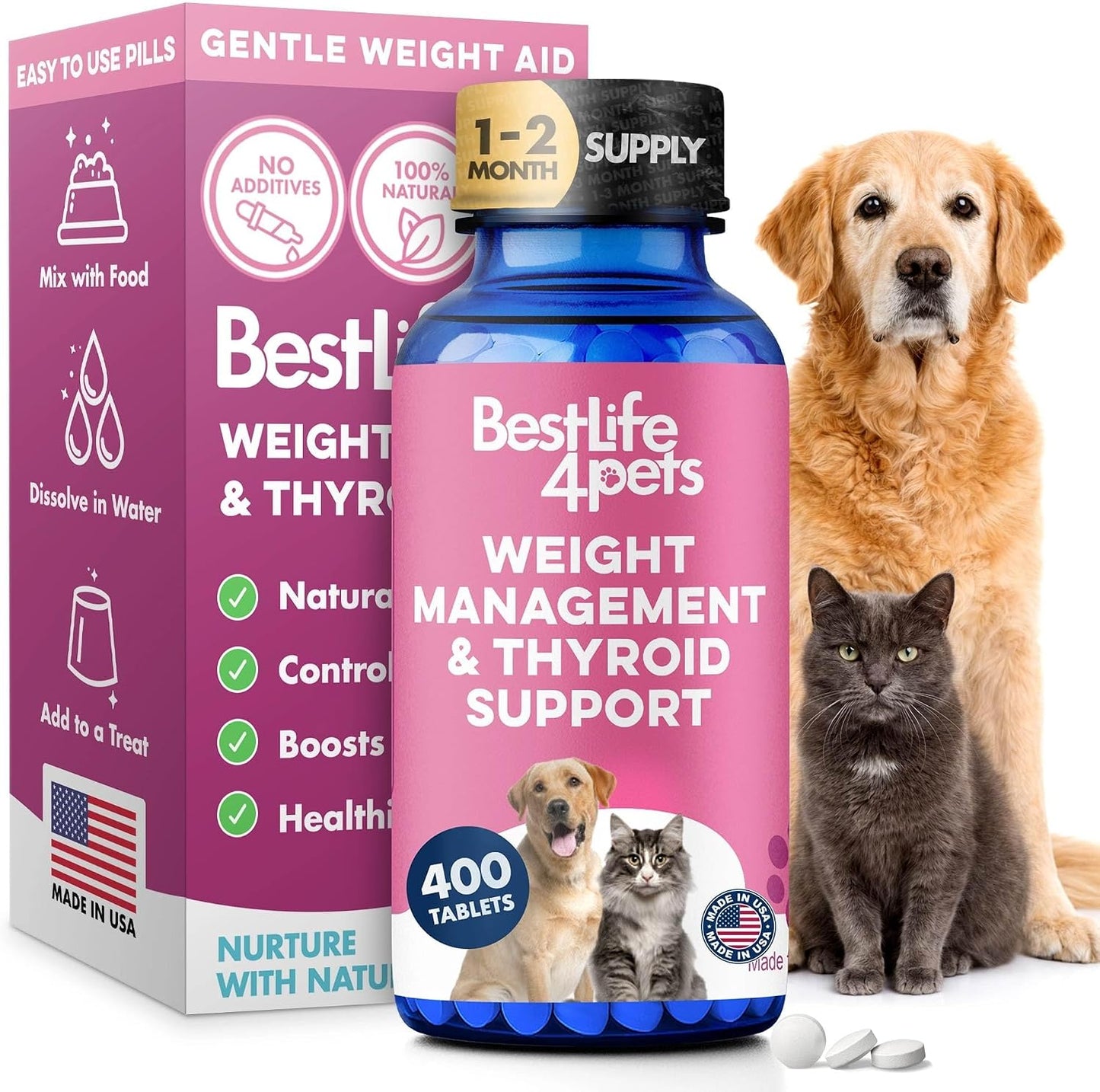 Weight Management for Dogs and Cats Natural Thyroid Support – Gentle Metabolism Booster to Restore Vitality in Senior or Sluggish Pets – 400 Tiny Tasteless Pills – Help Manage Weight, Appetite, and Energy - görsel 1