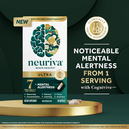 NEURIVA Ultra Brain Supplements for Memory and Focus with Phosphatidylserine, Neurofactor, Cognivive, Folic Acid, Vitamin B12 and Vitamin B6, 60 Capsules