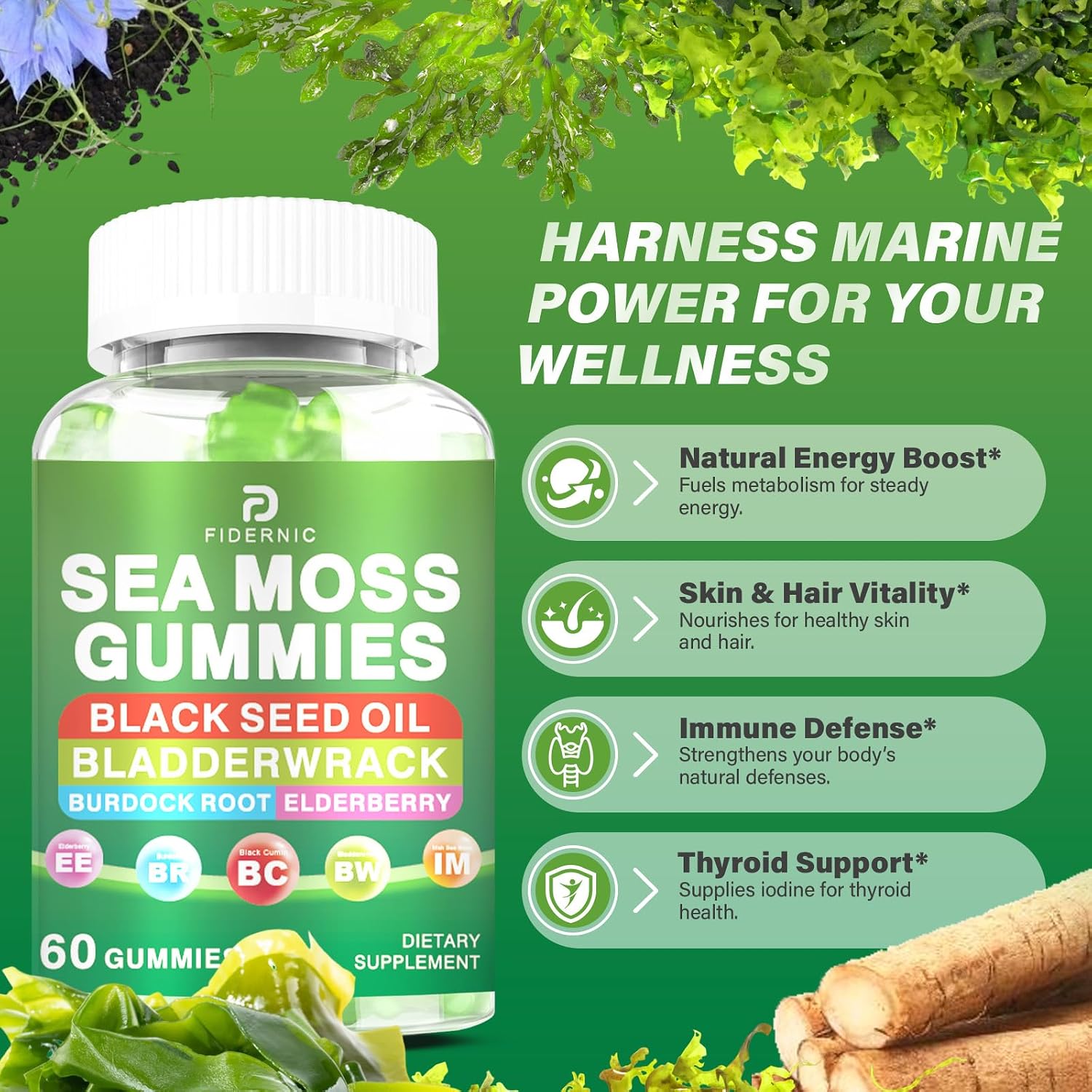 Sea Moss Gummies – Irish Sea Moss with Elderberry & Black Seed Oil, Bladderwrack, Burdock Root – Immune Health Support – Vegan Green Apple Flavour – 120 Gummies - görsel 3