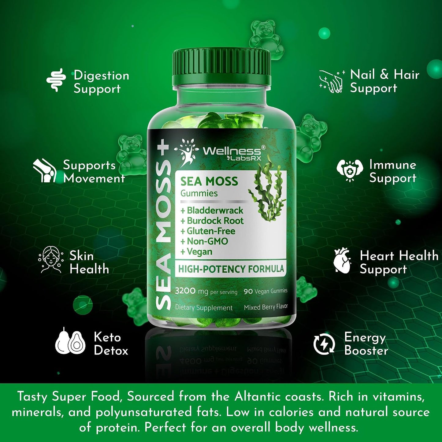 WELLNESS LABSRX Sea Moss Gummies - 3200mg Irish Sea Moss, Bladderwrack & Burdock Root - Mixed Berry - 90 Count - görsel 5