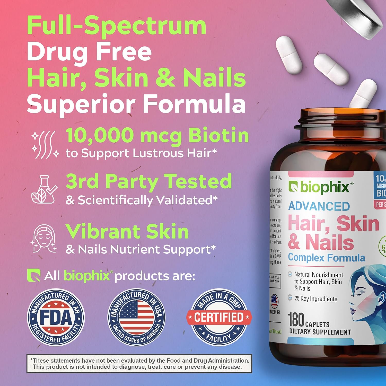 biophix Hair Skin and Nails Complex – 180 Caplets with 10,000 mcg Biotin - görsel 5
