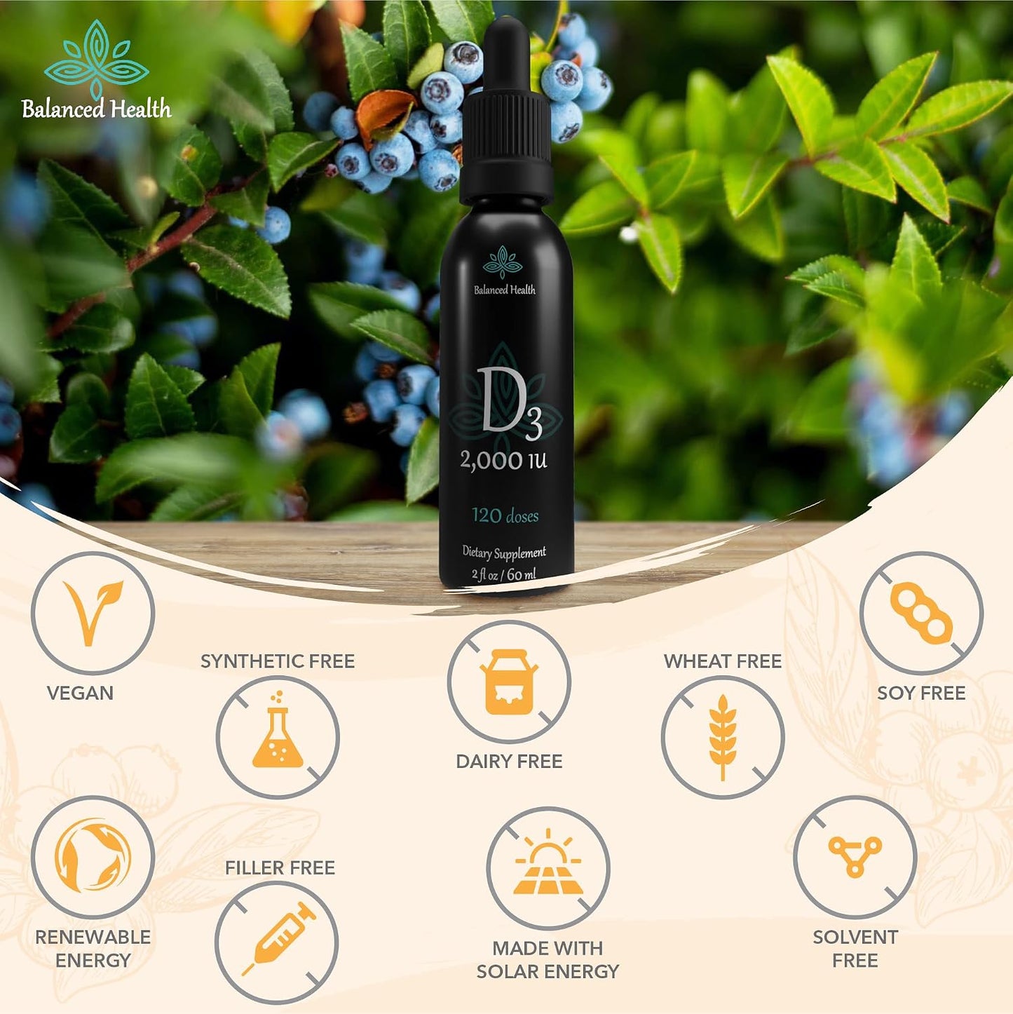 Balance Health Vitamin D3 2,000 IU Liquid Drops - Blueberry Flavour with MCT Oil, 60 ml (120 Doses) - görsel 7