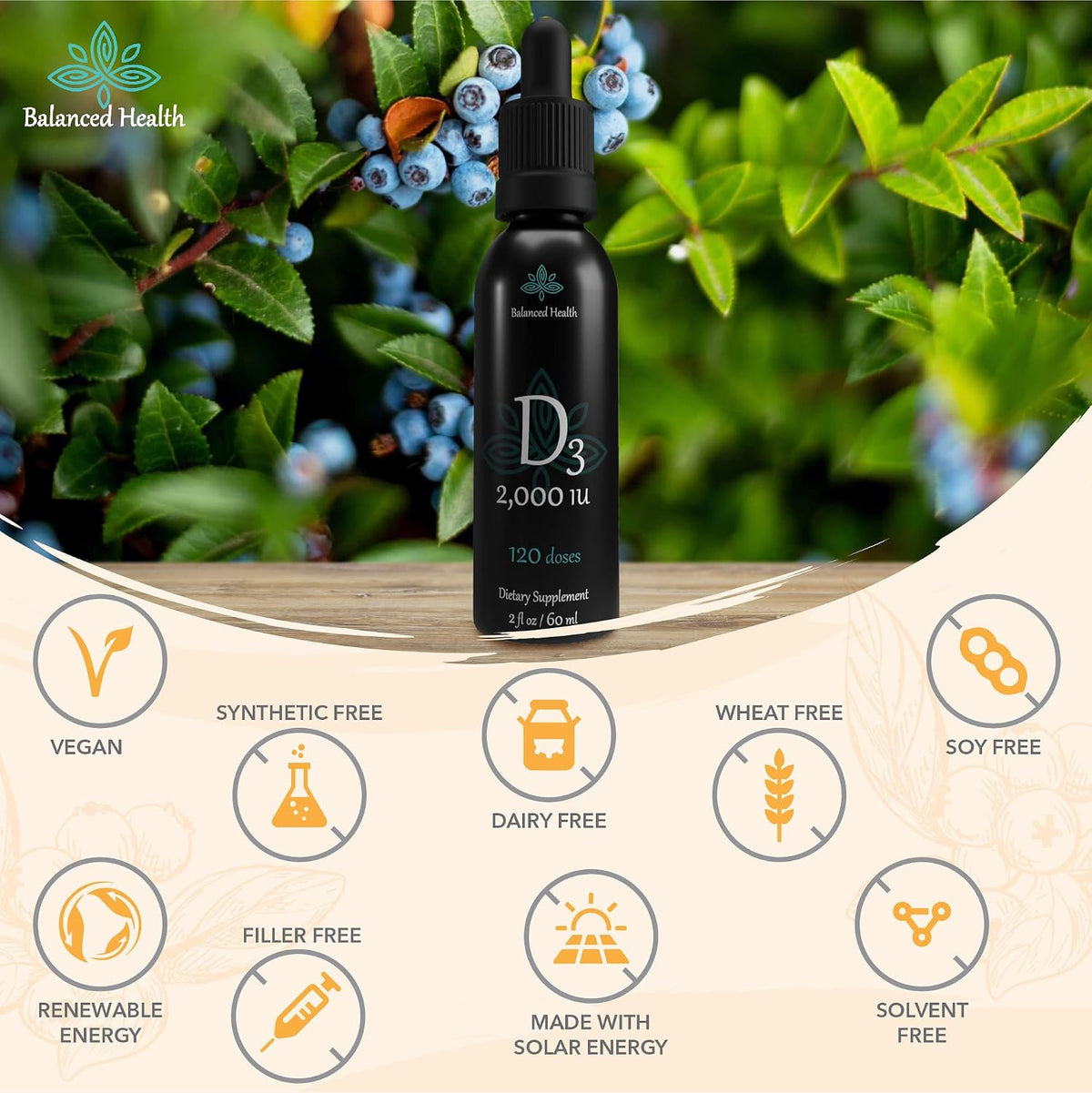 Balance Health Vitamin D3 2,000 IU Liquid Drops - Blueberry Flavour with MCT Oil, 60 ml (120 Doses) - görsel 7
