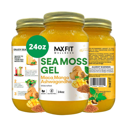 MAX FIT Sea Moss Gel with Maca and Ashwagandha | Wildcrafted Gold Sea Moss from Saint Lucia | 92 Vitamins and Minerals | Non-GMO, Raw, 680 g