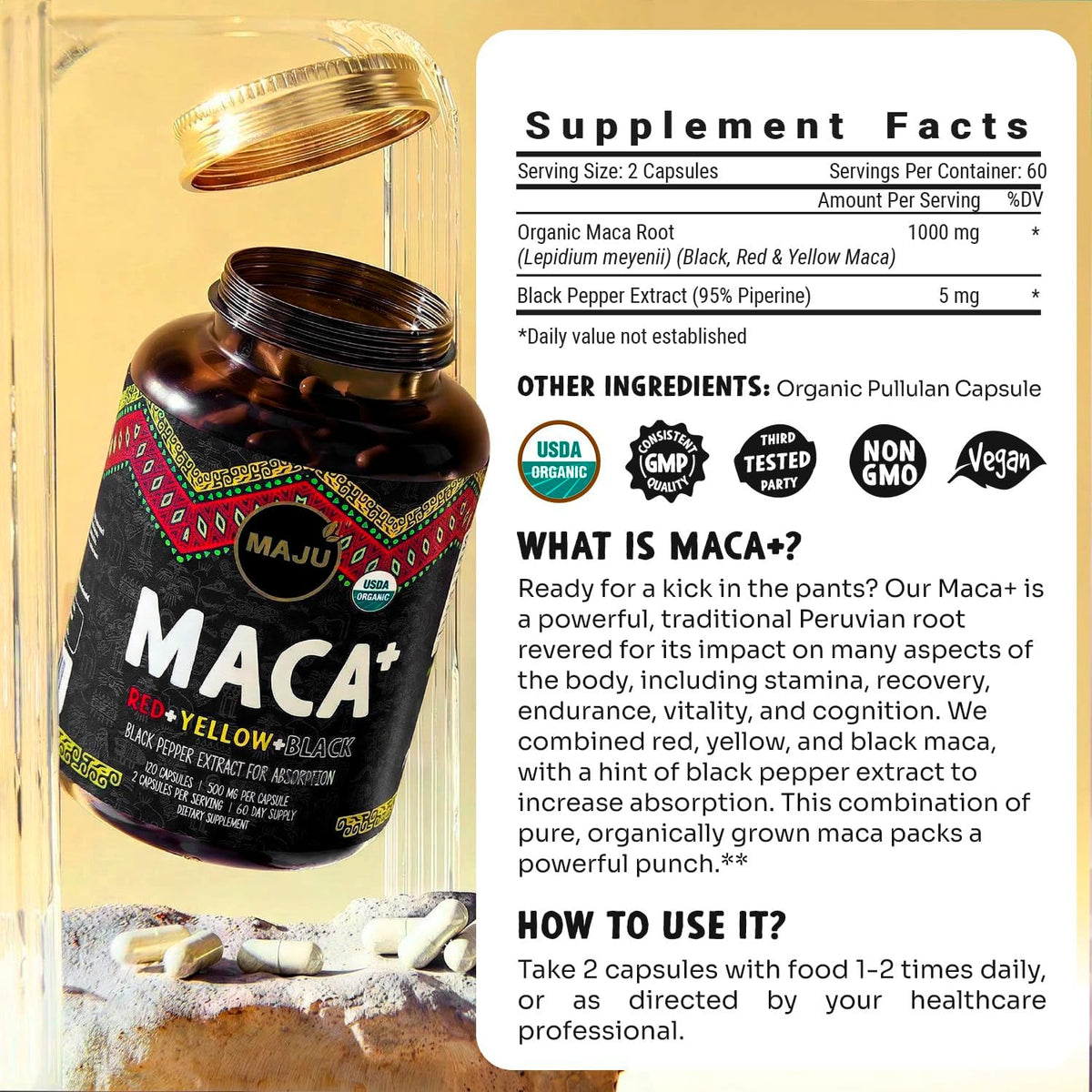 Maju Superfoods 4-in-1 Organic Maca Root Capsules - Black, Yellow & Red with Black Pepper Extract (120 Capsules) - görsel 6