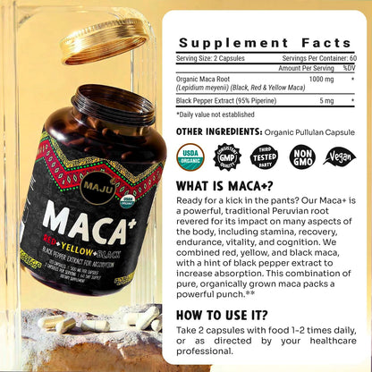 Maju Superfoods 4-in-1 Organic Maca Root Capsules - Black, Yellow & Red with Black Pepper Extract (120 Capsules)