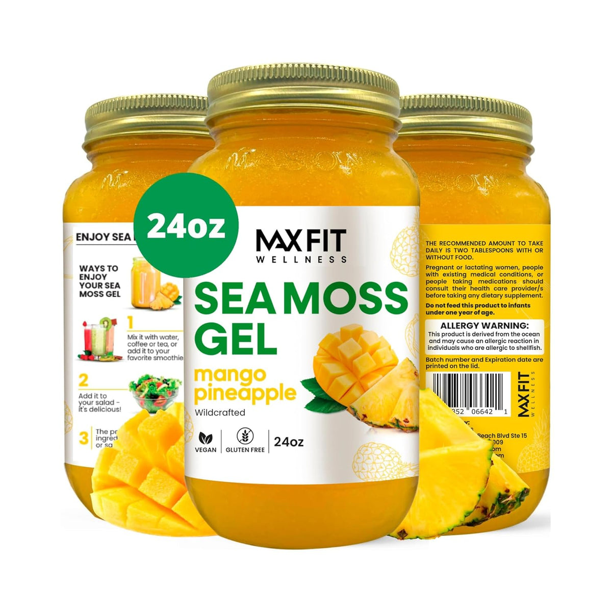 MAX FIT Sea Moss Gel Raw (24oz) - Wildcrafted Gold Sea Moss from Saint Lucia - 92 Vitamins & Minerals - Vegan Superfood - görsel 1