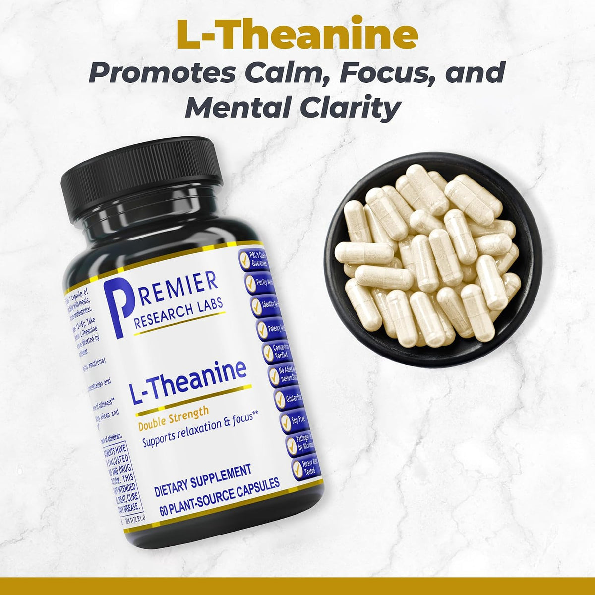 Premier Research Labs L-Theanine Double Strength - Pure L Theanine Supplement 200mg, Focus and Energy Support for Men and Women, Amino Acid for Relaxation, Support for Adults and Kids - 60 Vegan Capsules - görsel 2