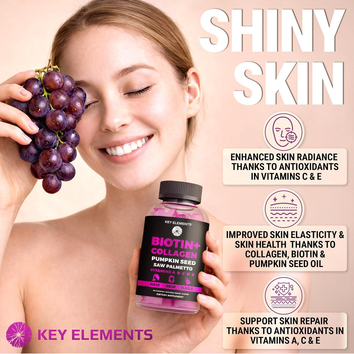 KEY ELEMENTS Biotin & Collagen Gummies – 10000mcg for Hair, Skin & Nails - görsel 3