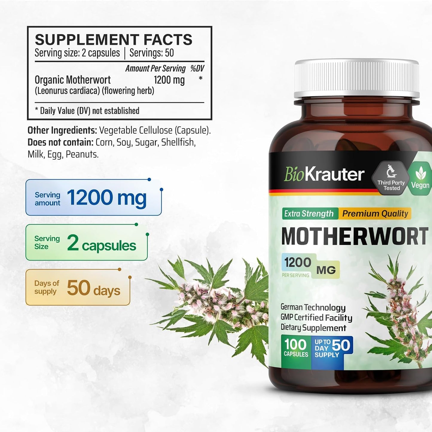 BIO KRAUTER® Perimenopause & Menopause Supplements for Women - Vegan Motherwort Capsules, 1200 mg per Serving, 100 Capsules (50-Day Supply) - görsel 3