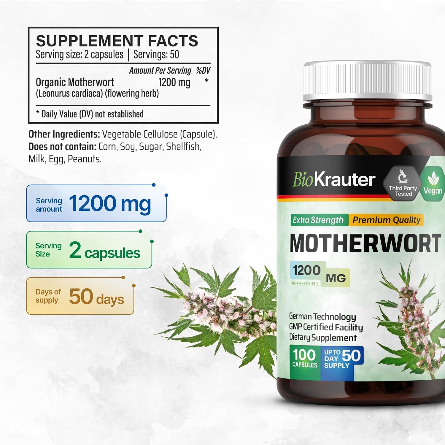 BIO KRAUTER® Perimenopause & Menopause Supplements for Women - Vegan Motherwort Capsules, 1200 mg per Serving, 100 Capsules (50-Day Supply) - görsel 3