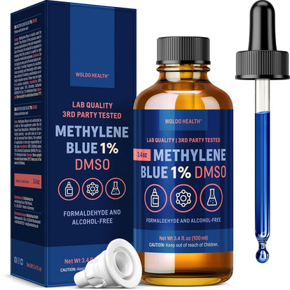WoldoHealth DMSO 10% with Methylene Blue 1% - 3.4oz Amber Glass Bottle with Precision Dropper