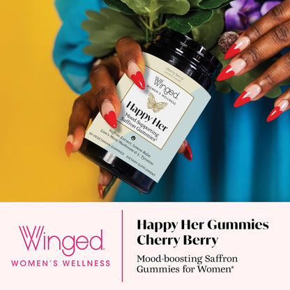 Winged Wellness Happy Her Mood Gummies – Daily Mood Enhancer for Women with Saffron, L-Tyrosine, Lemon Balm, and Lion's Mane – 60 Vegan Gummies