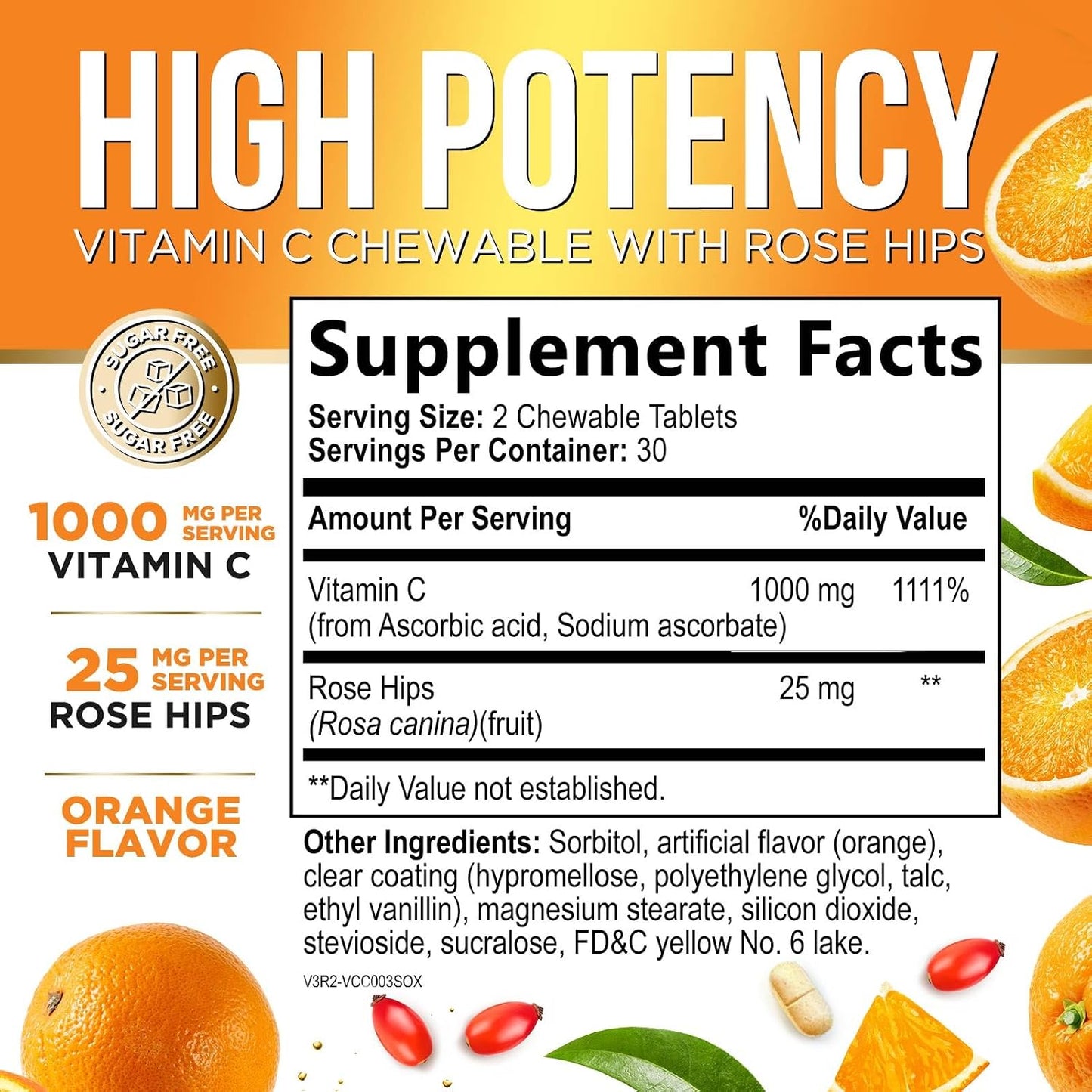 Vitamin C 1000mg per Serving – Extra Strength Chewable with Rose Hips – Sugar Free Orange Flavour – 60 Tablets - görsel 2